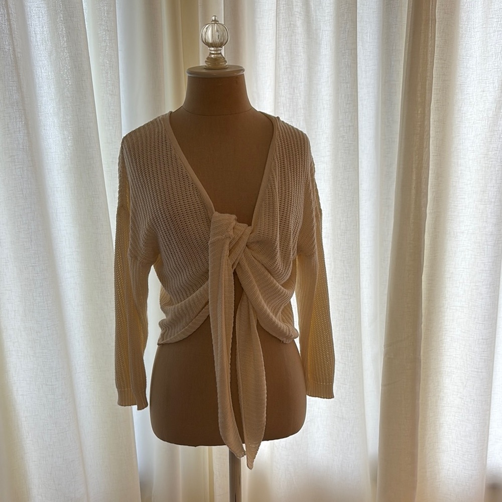 Cream Tie-Front Knit Cardigan
